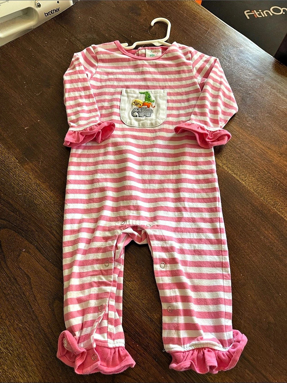 Stitchy Fish Striped Ruffle Footie Pink & White Baby 2T